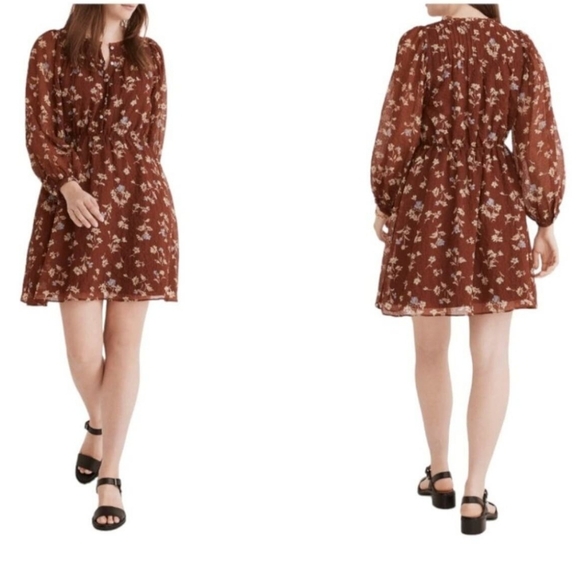 Madewell Norma Rae Floral Print Long Sleeve Dress In Dark Merlot - Picture 1 of 16